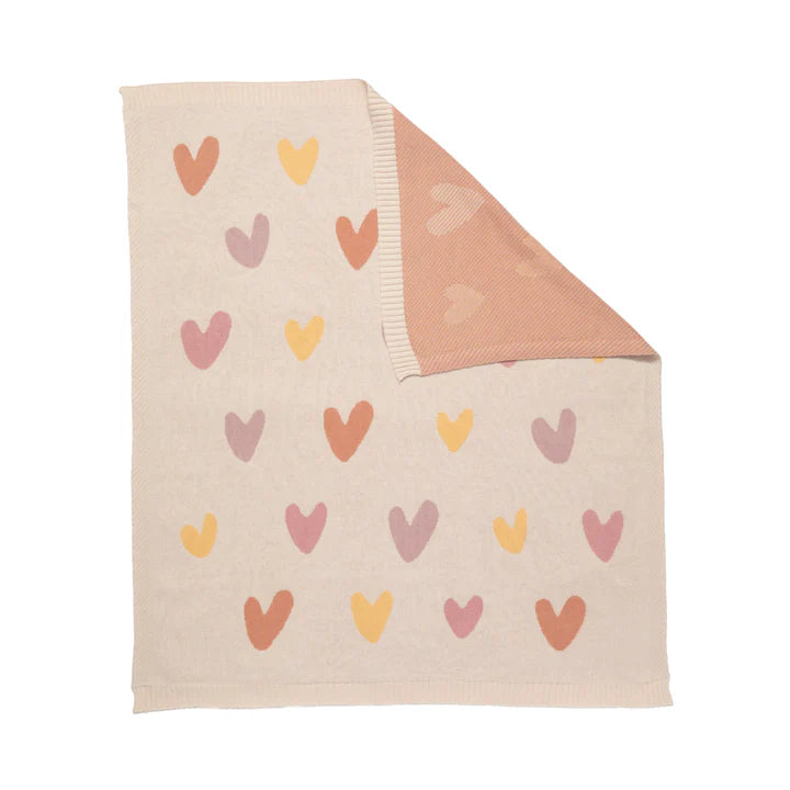 Living Textiles Bohemian Bliss Hearts Jacquard Blanket – 100% organic cotton reversible cream and pink knit blanket with heart motifs, sized 75 × 85 cm, lightweight and gentle on delicate skin, ideal for pram or bassinet use