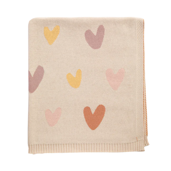 Living Textiles Bohemian Bliss Hearts Jacquard Blanket – 100% organic cotton reversible cream and pink knit blanket with heart motifs, sized 75 × 85 cm, lightweight and gentle on delicate skin, ideal for pram or bassinet use