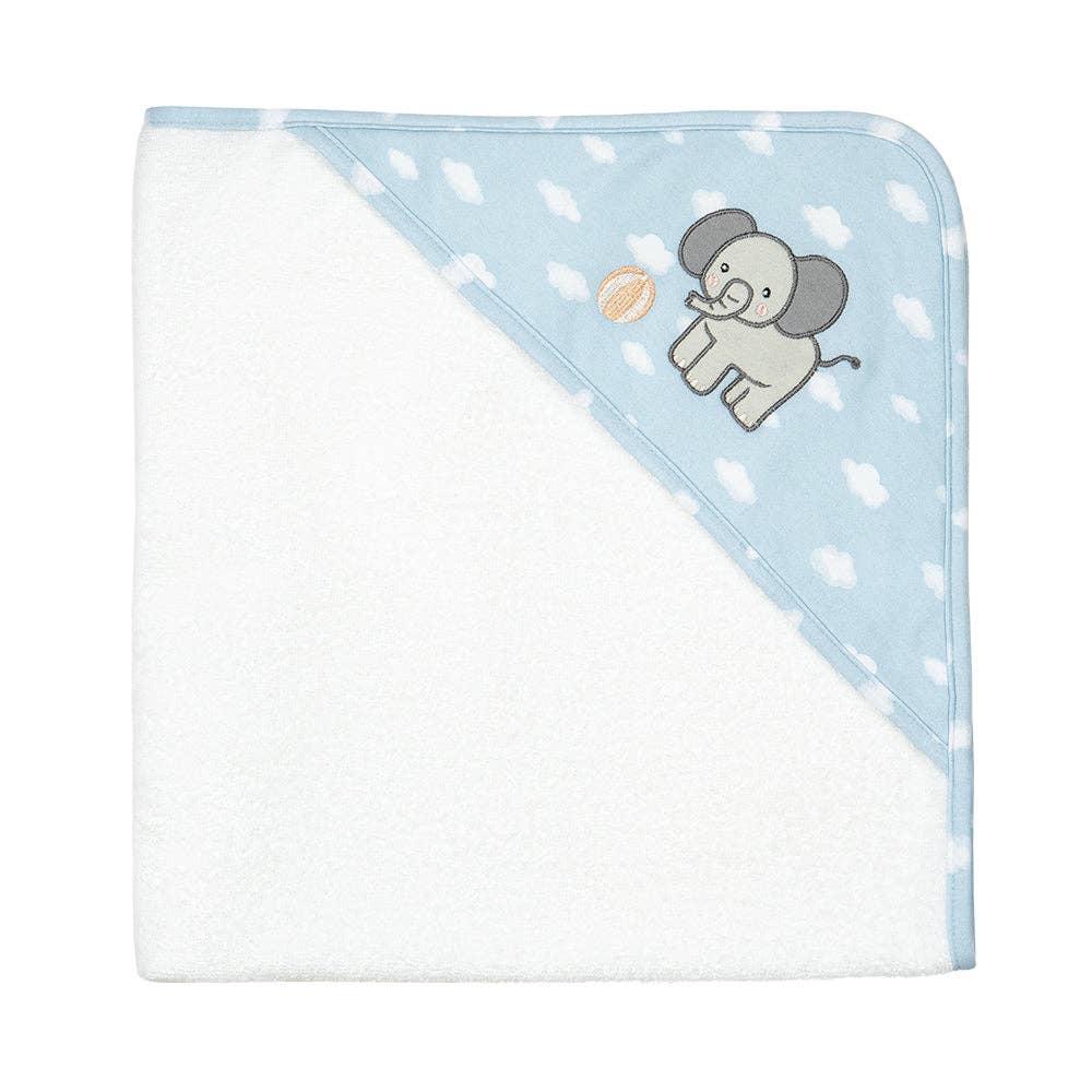 Living Textiles Organic Hooded Towel – Elephant Playtime design featuring native animals and botanical embroidery in calming sage tones; made from 100% organic cotton terry with soft jersey hood for cozy post-bath snuggles
