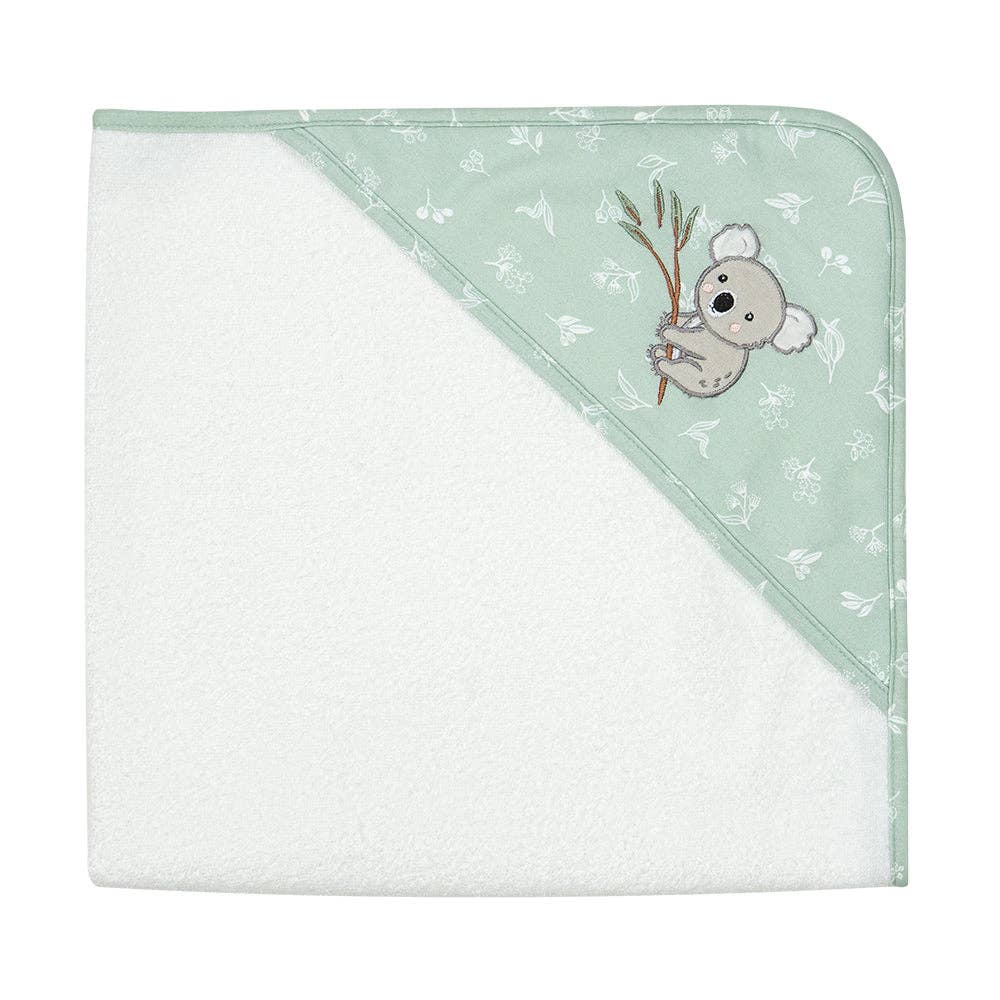 Living Textiles Organic Hooded Towel – Australiana design featuring native animals and botanical embroidery in calming sage tones; made from 100% organic cotton terry with soft jersey hood for cozy post-bath snuggles