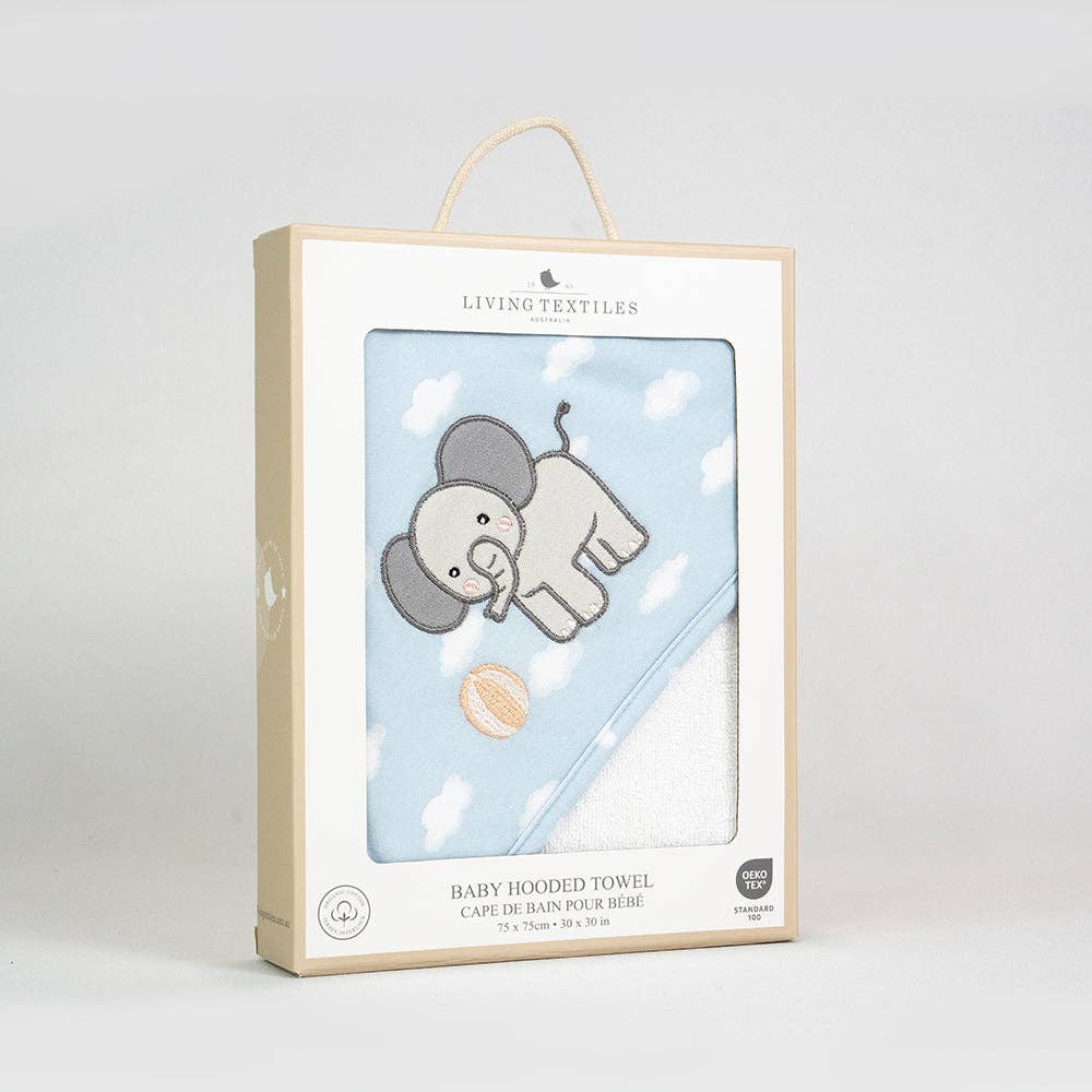 Living Textiles Organic Hooded Towel – Elephant Playtime design featuring native animals and botanical embroidery in calming sage tones; made from 100% organic cotton terry with soft jersey hood for cozy post-bath snuggles