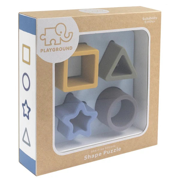 Living Textiles Silicone Shape Puzzle in steel blue – BPA‑free food‑grade silicone blocks in various geometric shapes that interlock and squeak, promoting fine motor skills, sensory play and hand‑eye coordination for babies aged 6 months+