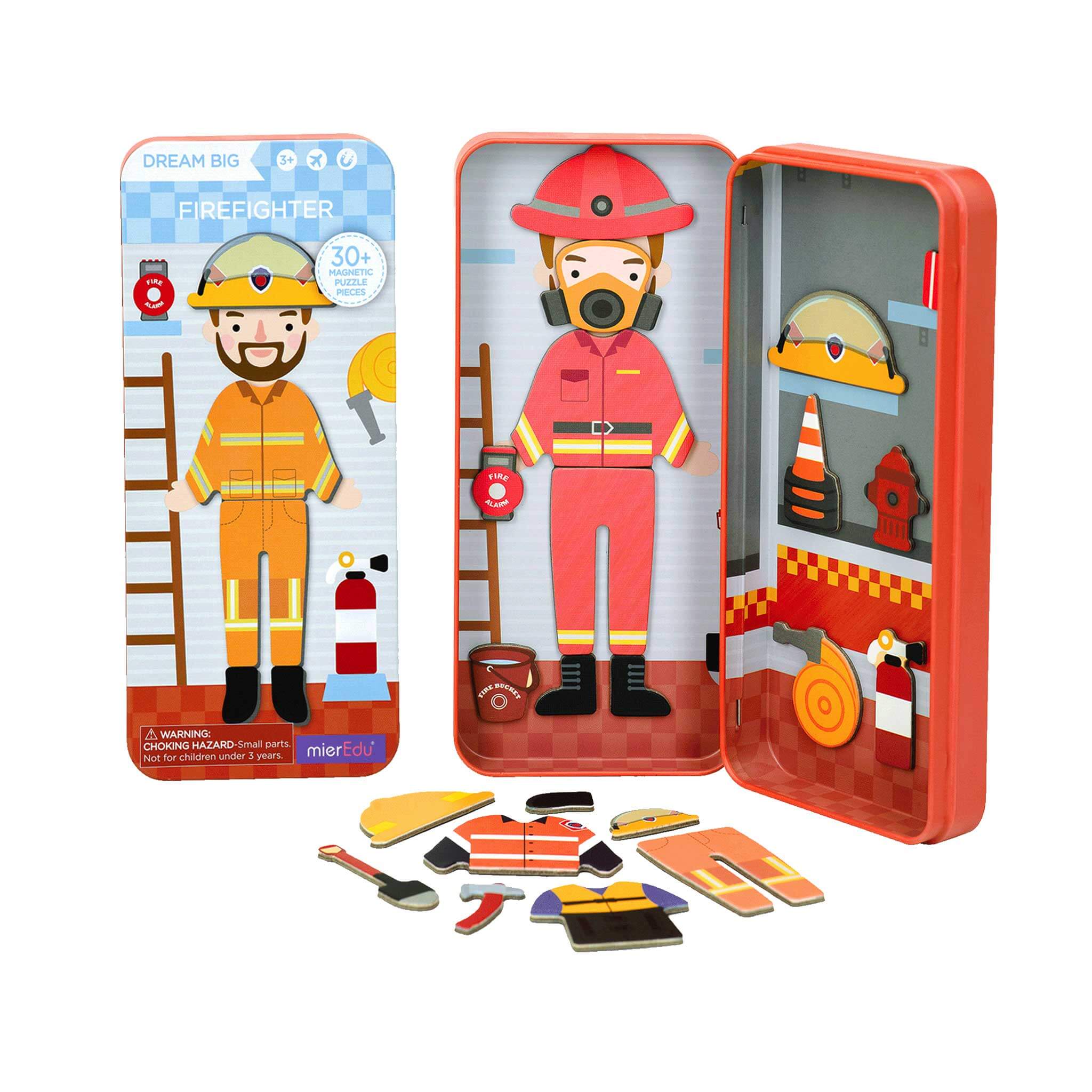 MierEdu Magnetic Puzzle Box – Firefighter edition featuring 32 magnetic dress-up pieces and two illustrated play scenes in a portable tin, perfect for imaginative storytelling and fine motor skill development