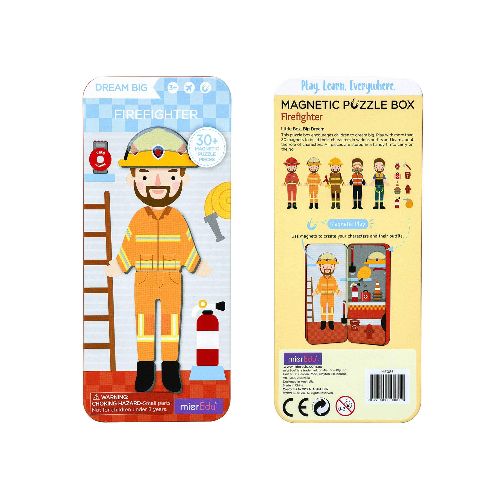 MierEdu Magnetic Puzzle Box – Firefighter edition featuring 32 magnetic dress-up pieces and two illustrated play scenes in a portable tin, perfect for imaginative storytelling and fine motor skill development