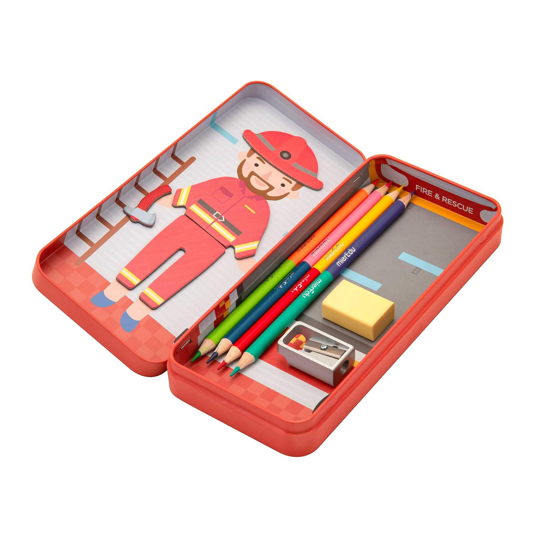 MierEdu Magnetic Puzzle Box – Firefighter edition featuring 32 magnetic dress-up pieces and two illustrated play scenes in a portable tin, perfect for imaginative storytelling and fine motor skill development