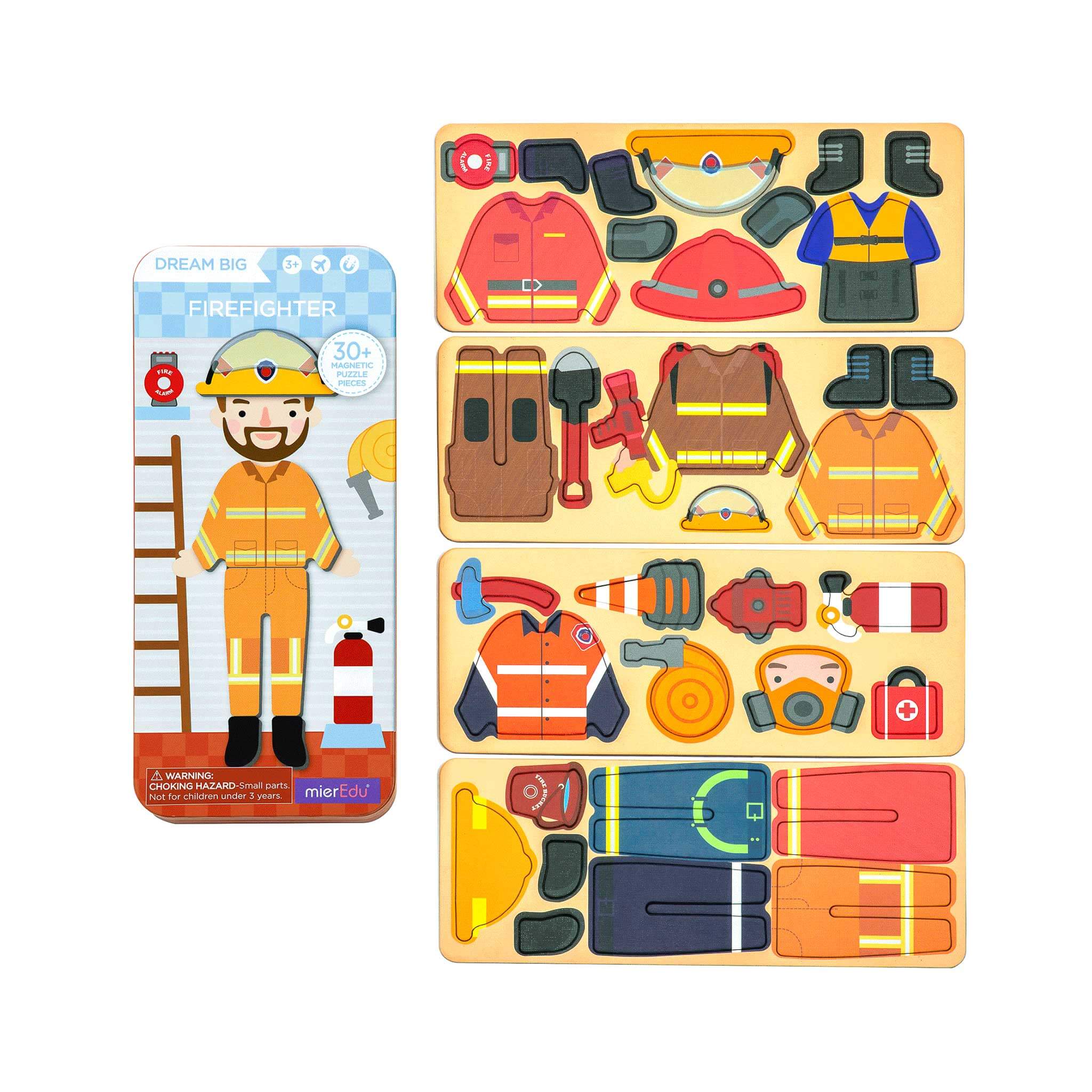 MierEdu Magnetic Puzzle Box – Firefighter edition featuring 32 magnetic dress-up pieces and two illustrated play scenes in a portable tin, perfect for imaginative storytelling and fine motor skill development