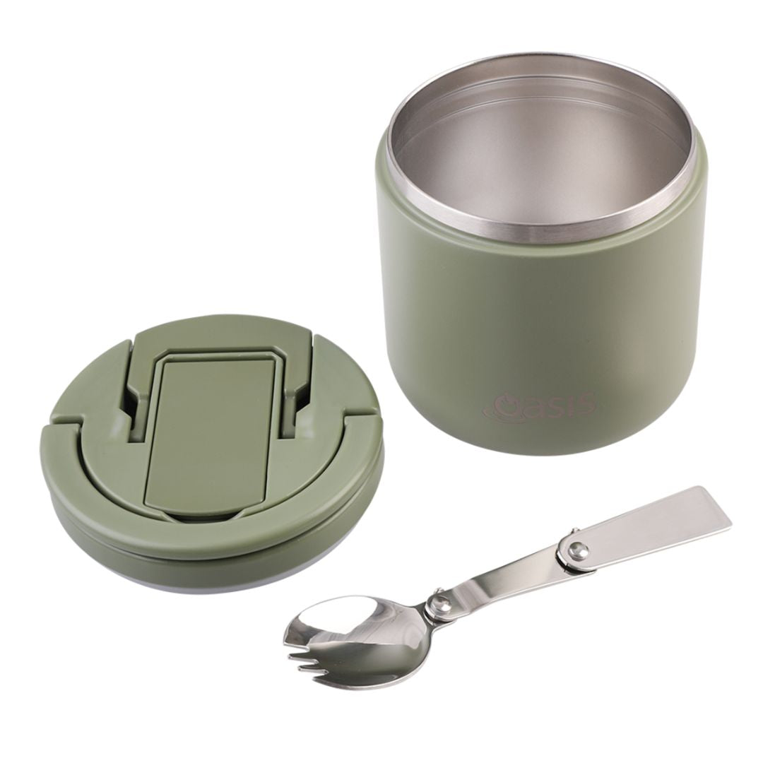 Oasis S/S Double Wall Insulated Food Flask w/ Quick Release Lid & Spork 550ml | Olive Green