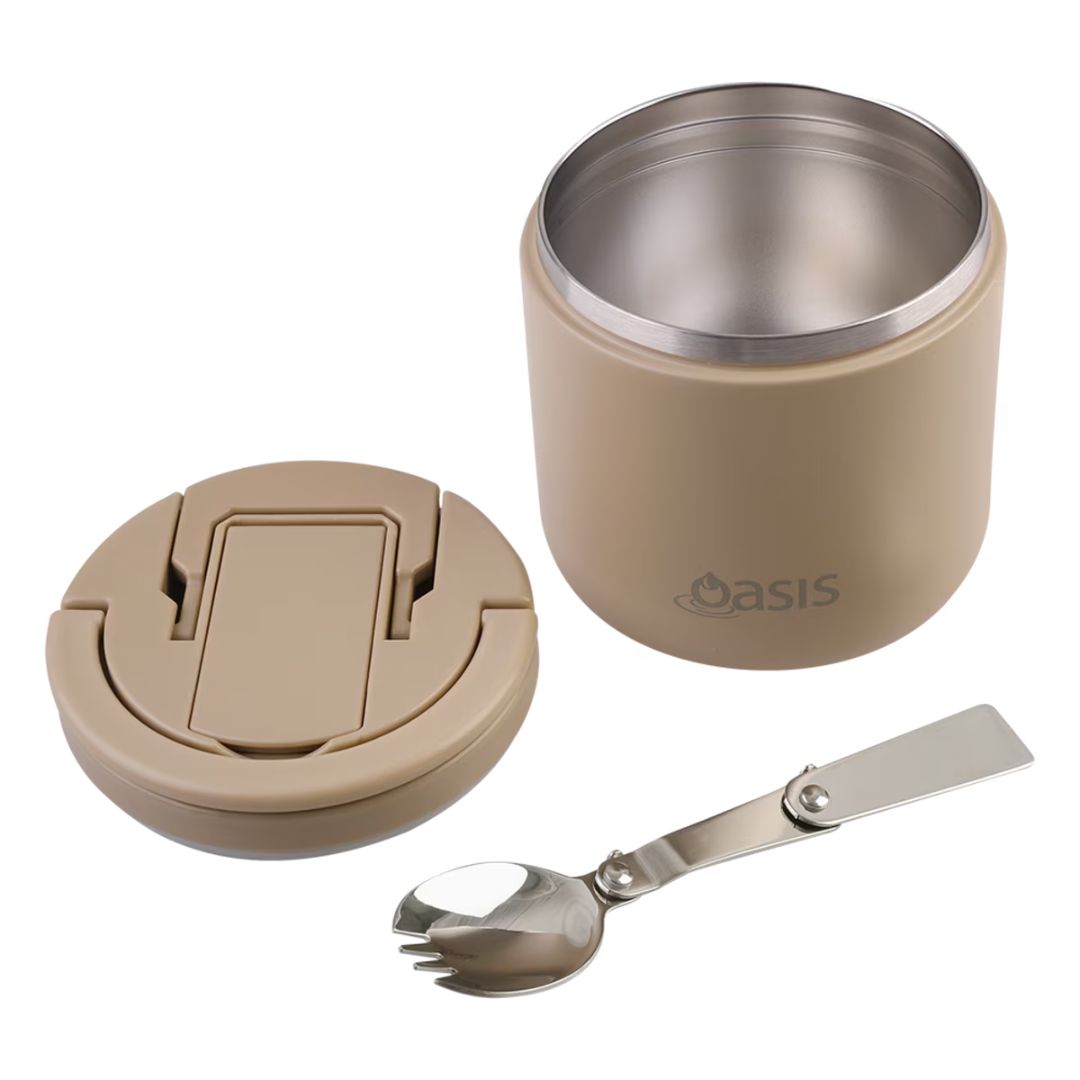 Oasis S/S Double Wall Insulated Food Flask w/ Quick Release Lid & Spork 550ml | Latte