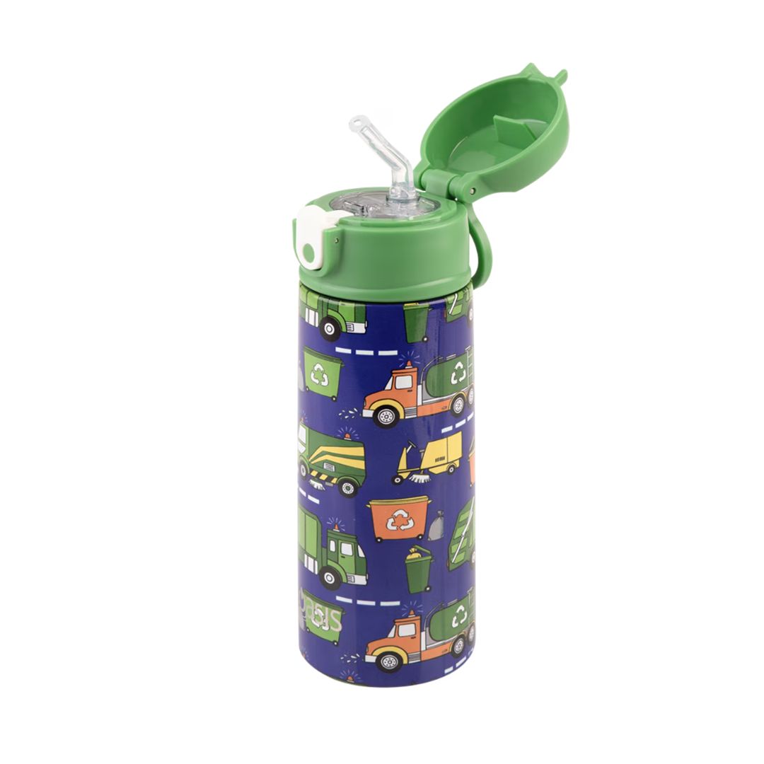 Oasis S/S Double Wall Insulated Kid's Drink Bottle w/ Sipper Straw 550ml | Garbage Trucks