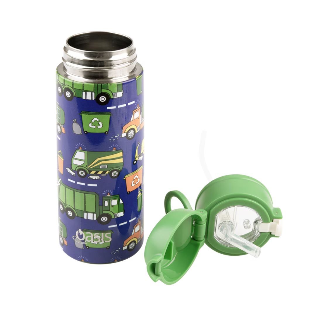 Oasis S/S Double Wall Insulated Kid's Drink Bottle w/ Sipper Straw 550ml | Garbage Trucks