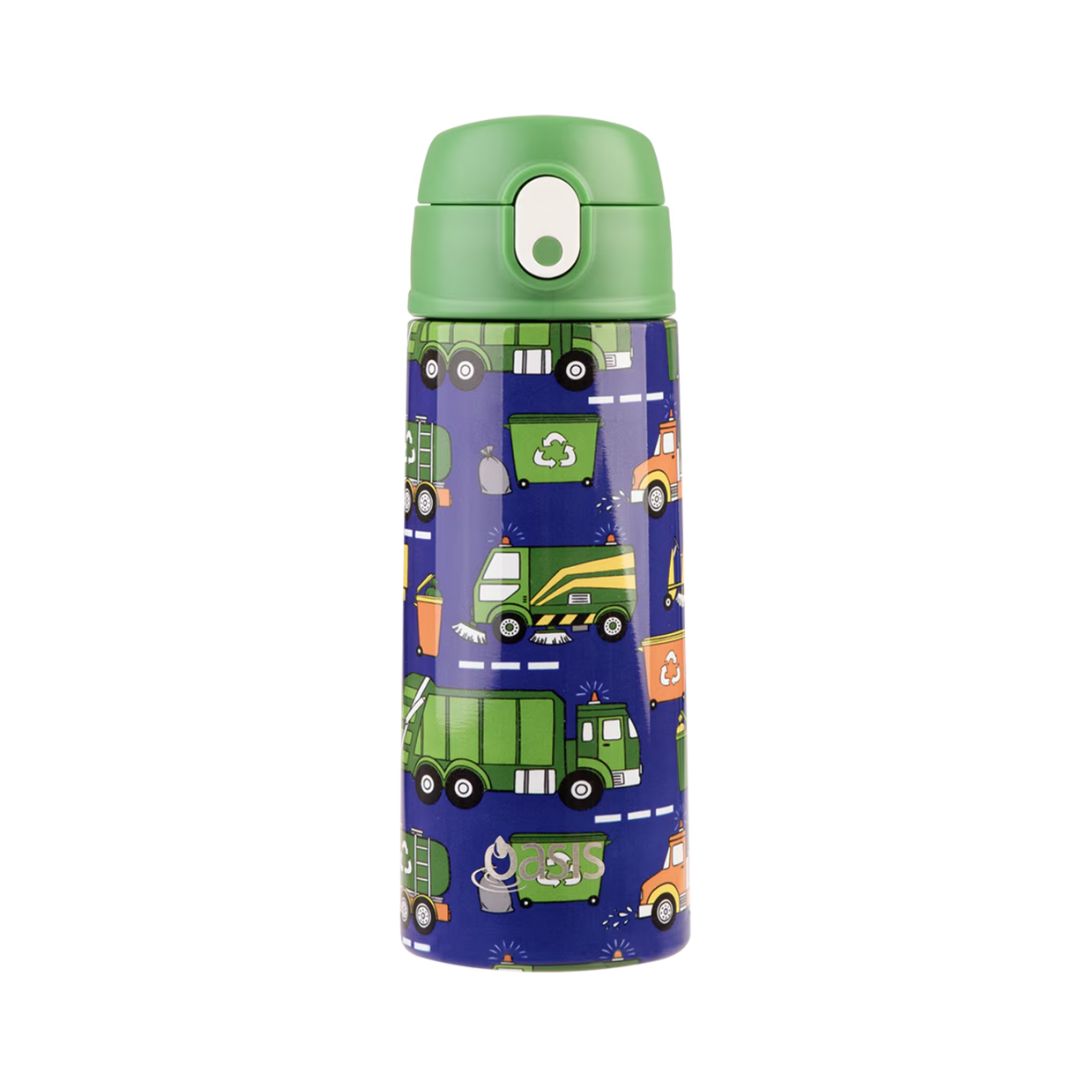 Oasis S/S Double Wall Insulated Kid's Drink Bottle w/ Sipper Straw 550ml | Garbage Trucks