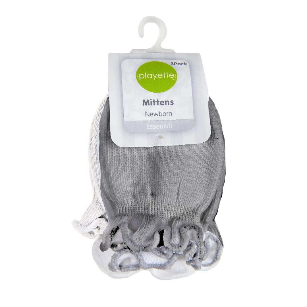 Playette | 3 Pack Newborn Essential Mittens | Grey/white