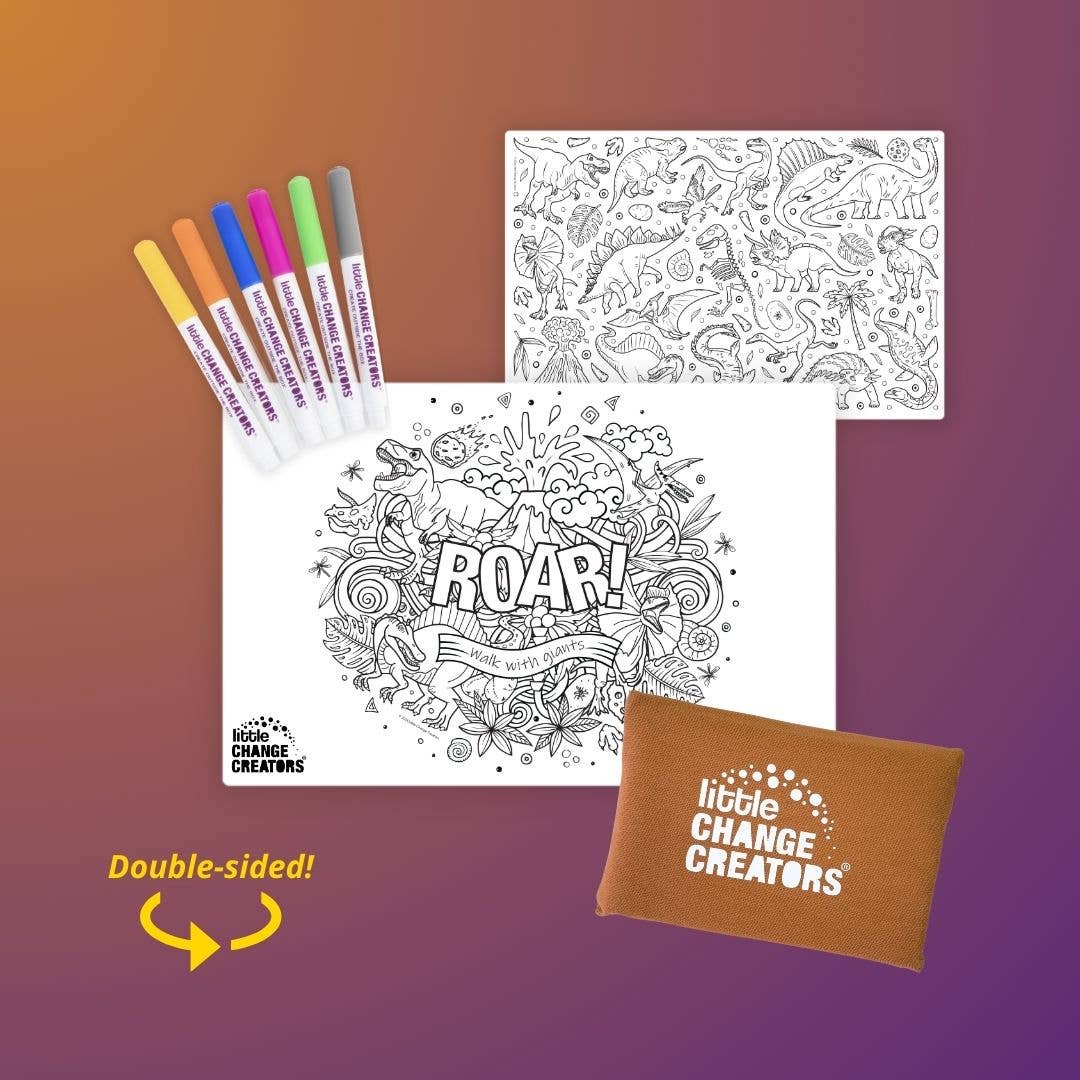 ROAR! Pocket Reusable Colouring Mat by Little Change Creators – compact dinosaur‑themed double‑sided silicone mat (30 × 20 cm) with 6 non‑toxic markers and fabric pouch for travel‑friendly, mess‑free creative play