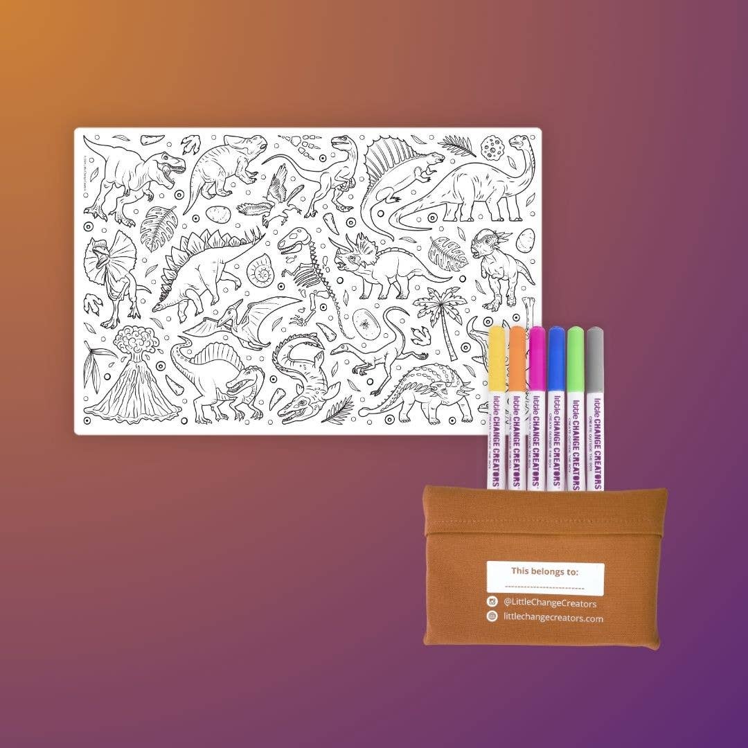 ROAR! Pocket Reusable Colouring Mat by Little Change Creators – compact dinosaur‑themed double‑sided silicone mat (30 × 20 cm) with 6 non‑toxic markers and fabric pouch for travel‑friendly, mess‑free creative play