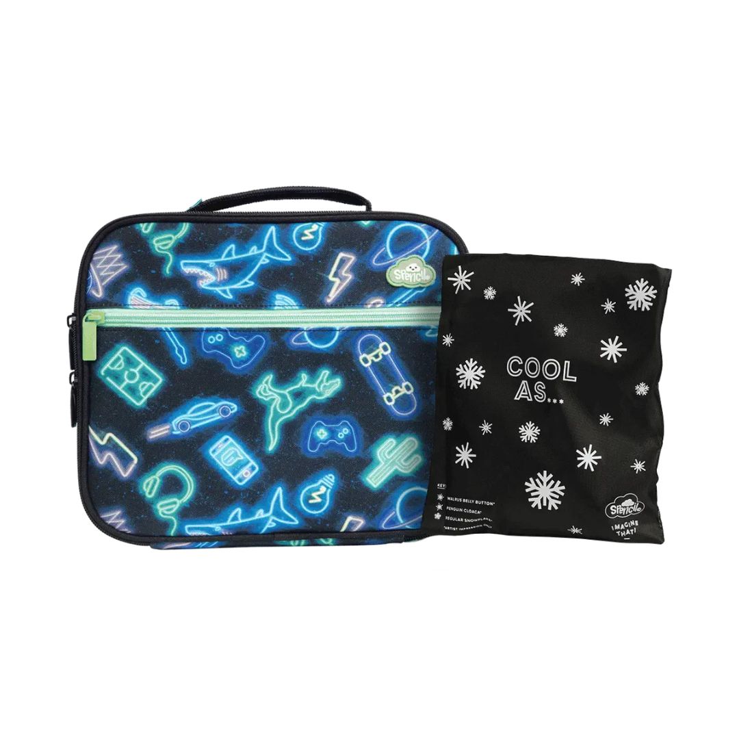 Spencil neon pattern insulated cooler lunch bag with chill pack – large kids’ lunch tote with silver lining, name card pocket and padded handle