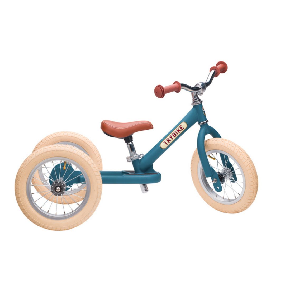 Steel Blue Vintage 3‑Wheel Trybike – sturdy retro-style toddler bike with low step-through frame, wide seat, high-back support, and noise‑reduction wheels