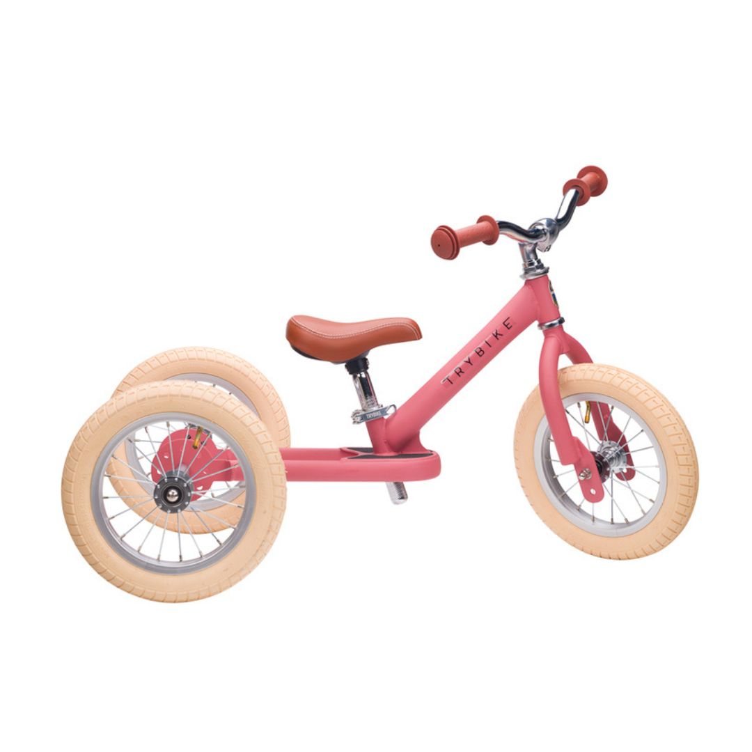 Steel Pink Vintage 3‑Wheel Trybike – retro-style toddler bike in cream & pink with low step-through frame, wide cushioned seat, high-back support, and smooth-ride wheels