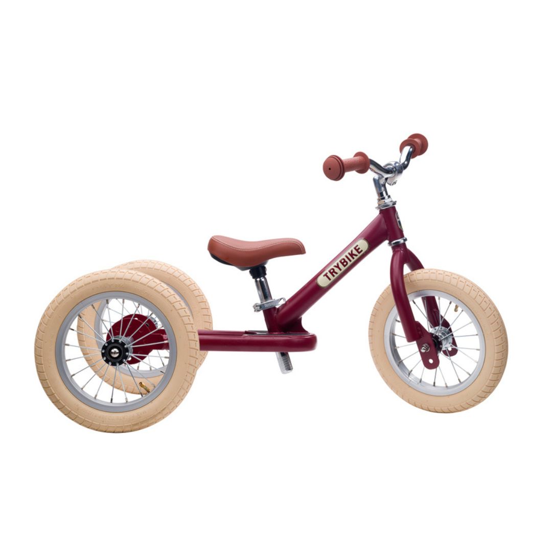 Steel Red Vintage 3‑Wheel Trybike – sturdy retro-style toddler bike with low step-through frame, wide seat, high-back support, and noise‑reduction wheels
