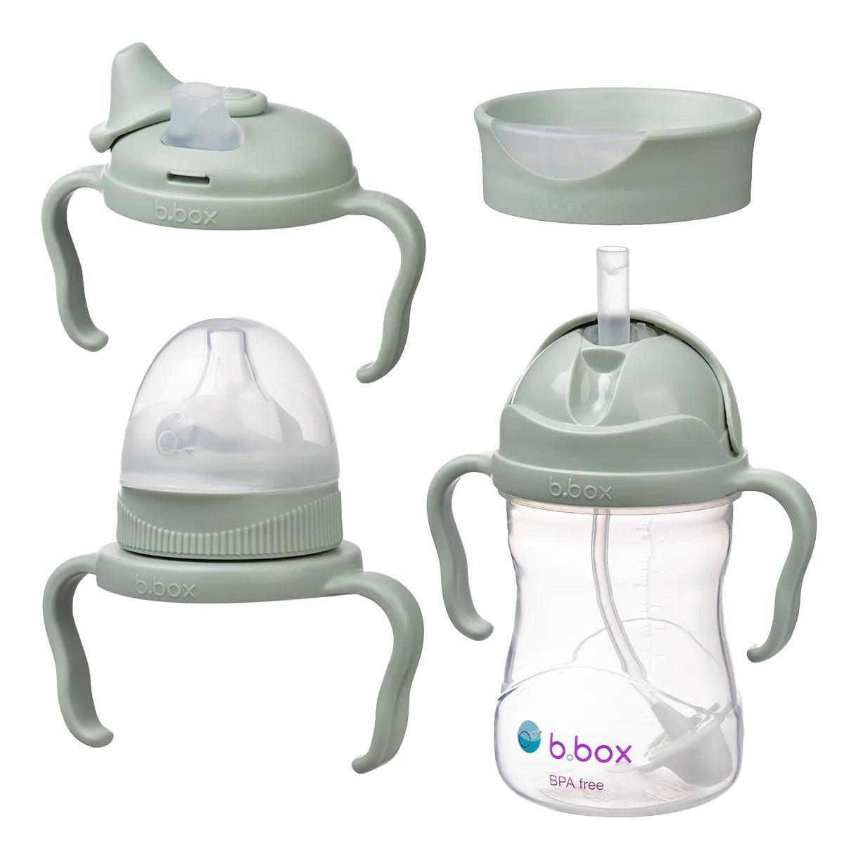 b.box Transition Value Pack in sage – 5‑piece toddler feeding set including flip‑top cup, sippy cup, straw cup, snack container, and training bowl with spoon – BPA‑free, spill‑resistant, easy‑clean design