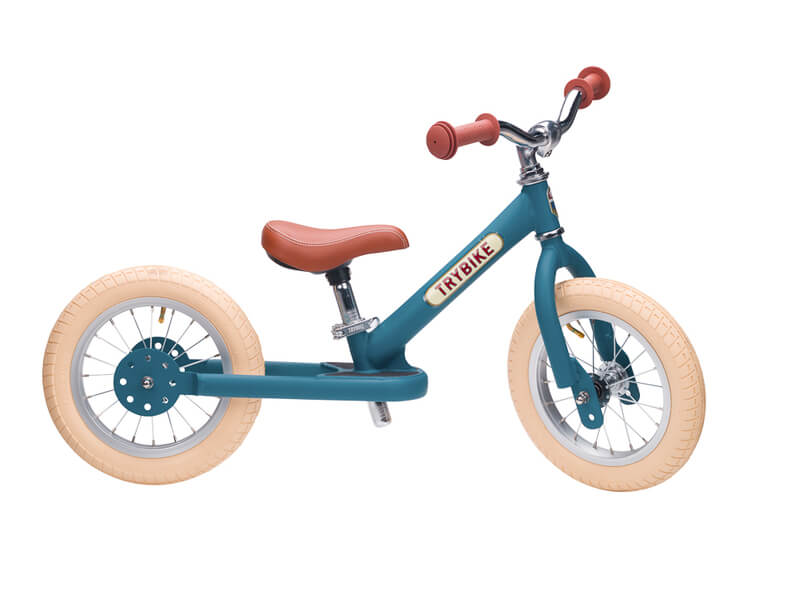 Steel Blue Vintage 3‑Wheel Trybike – sturdy retro-style toddler bike with low step-through frame, wide seat, high-back support, and noise‑reduction wheels