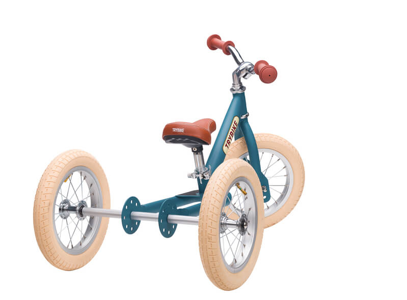 Steel Blue Vintage 3‑Wheel Trybike – sturdy retro-style toddler bike with low step-through frame, wide seat, high-back support, and noise‑reduction wheels