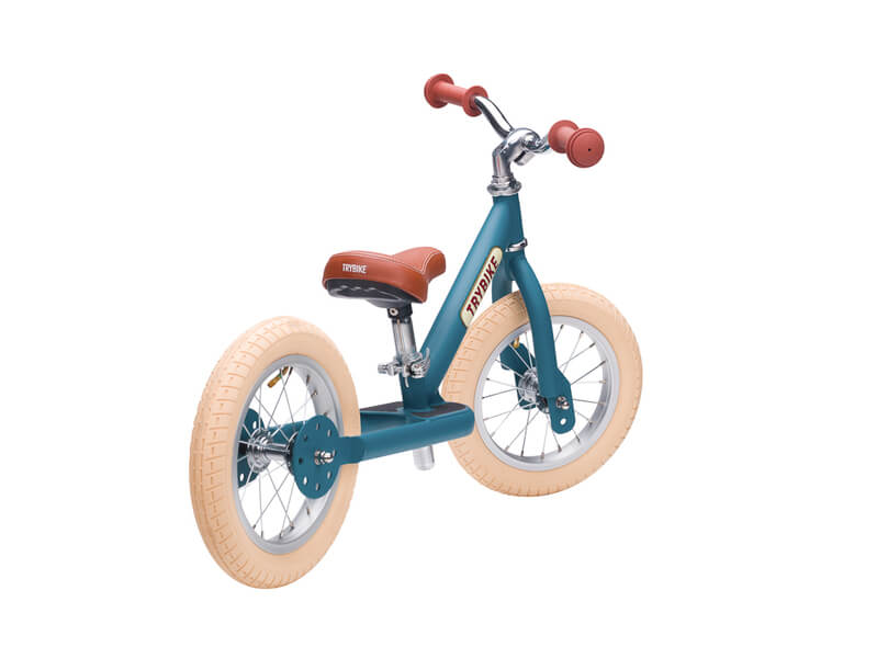 Steel Blue Vintage 3‑Wheel Trybike – sturdy retro-style toddler bike with low step-through frame, wide seat, high-back support, and noise‑reduction wheels