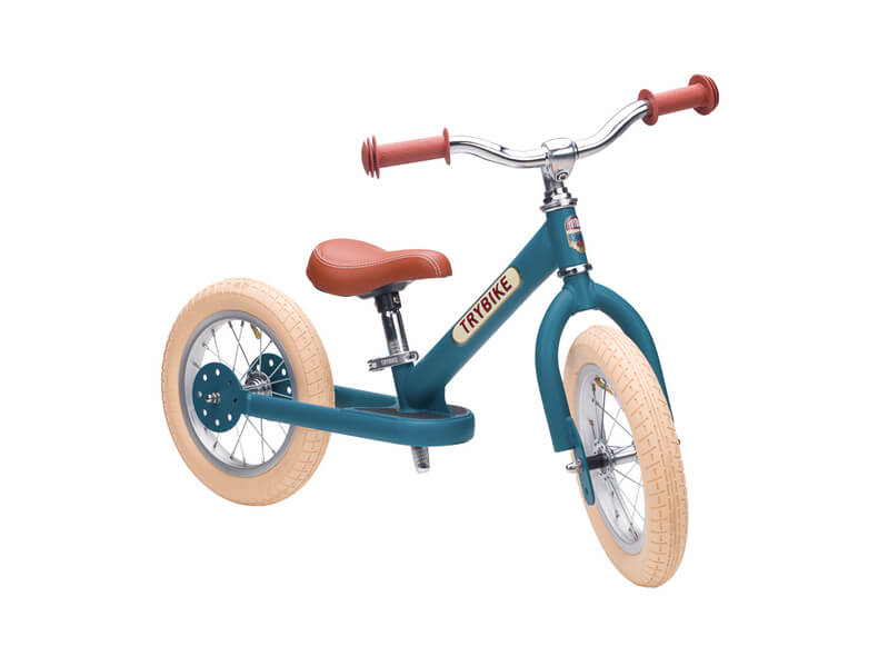 Steel Blue Vintage 3‑Wheel Trybike – sturdy retro-style toddler bike with low step-through frame, wide seat, high-back support, and noise‑reduction wheels