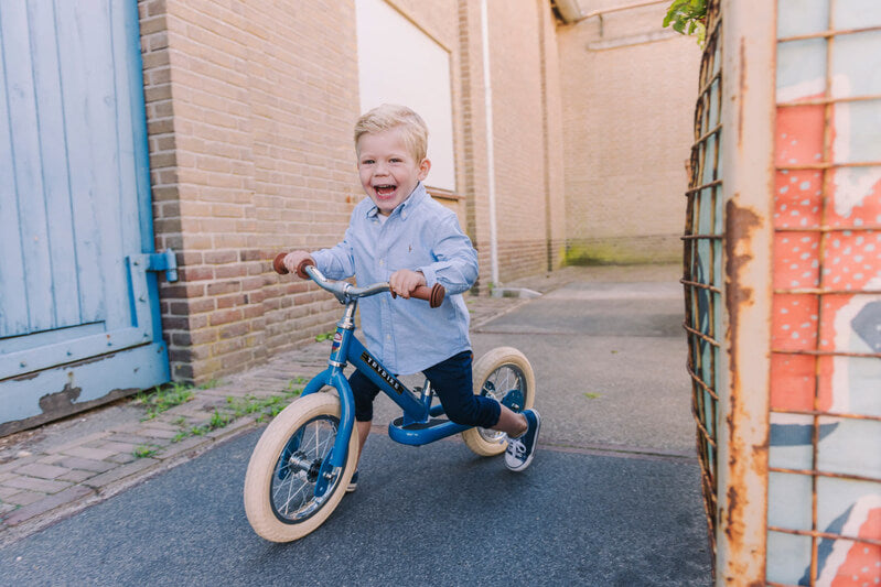 Steel Blue Vintage 3‑Wheel Trybike – sturdy retro-style toddler bike with low step-through frame, wide seat, high-back support, and noise‑reduction wheels