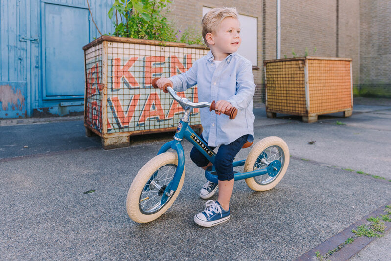 Steel Blue Vintage 3‑Wheel Trybike – sturdy retro-style toddler bike with low step-through frame, wide seat, high-back support, and noise‑reduction wheels