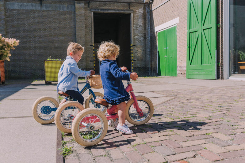 Steel Blue Vintage 3‑Wheel Trybike – sturdy retro-style toddler bike with low step-through frame, wide seat, high-back support, and noise‑reduction wheels