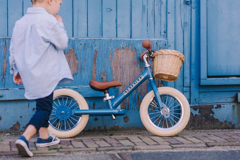 Steel Blue Vintage 3‑Wheel Trybike – sturdy retro-style toddler bike with low step-through frame, wide seat, high-back support, and noise‑reduction wheels