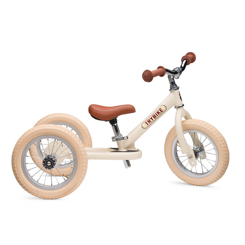 Steel Cream Vintage 3‑Wheel Trybike – sturdy retro-style toddler bike with low step-through frame, wide seat, high-back support, and noise‑reduction wheels