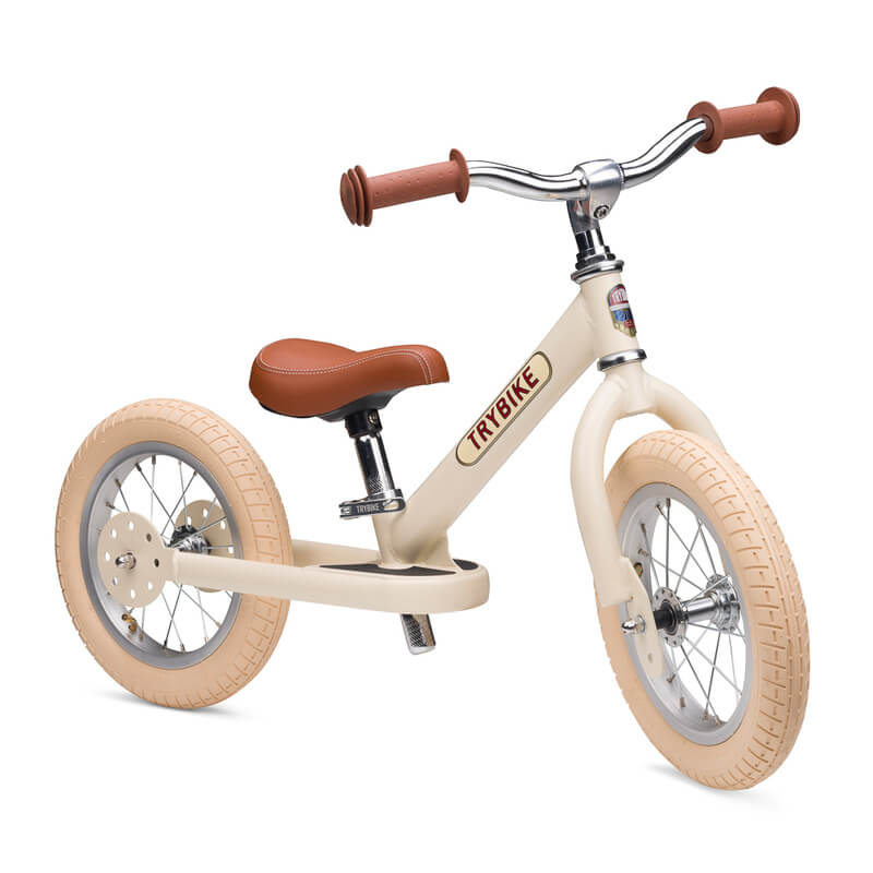 Steel Cream Vintage 3‑Wheel Trybike – sturdy retro-style toddler bike with low step-through frame, wide seat, high-back support, and noise‑reduction wheels