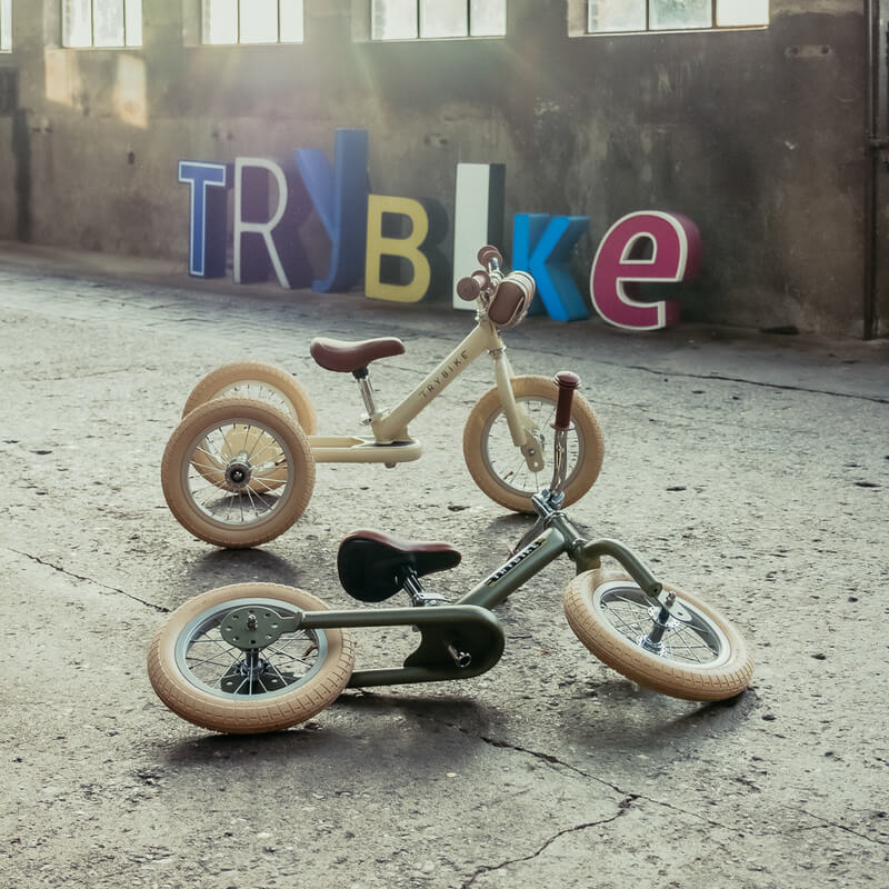 Steel Cream Vintage 3‑Wheel Trybike – sturdy retro-style toddler bike with low step-through frame, wide seat, high-back support, and noise‑reduction wheels