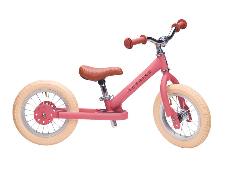 Steel Pink Vintage 3‑Wheel Trybike – retro-style toddler bike in cream & pink with low step-through frame, wide cushioned seat, high-back support, and smooth-ride wheels