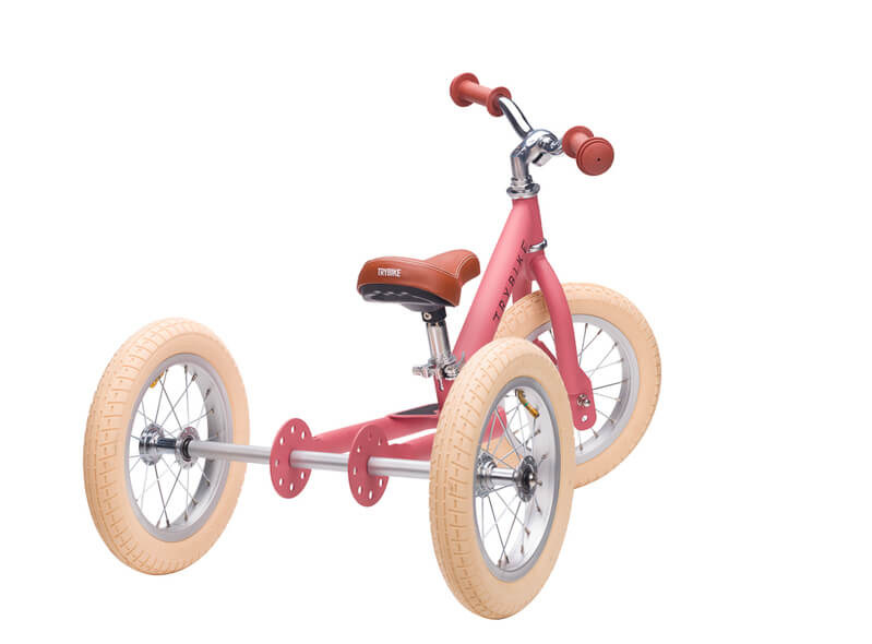 Steel Pink Vintage 3‑Wheel Trybike – retro-style toddler bike in cream & pink with low step-through frame, wide cushioned seat, high-back support, and smooth-ride wheels