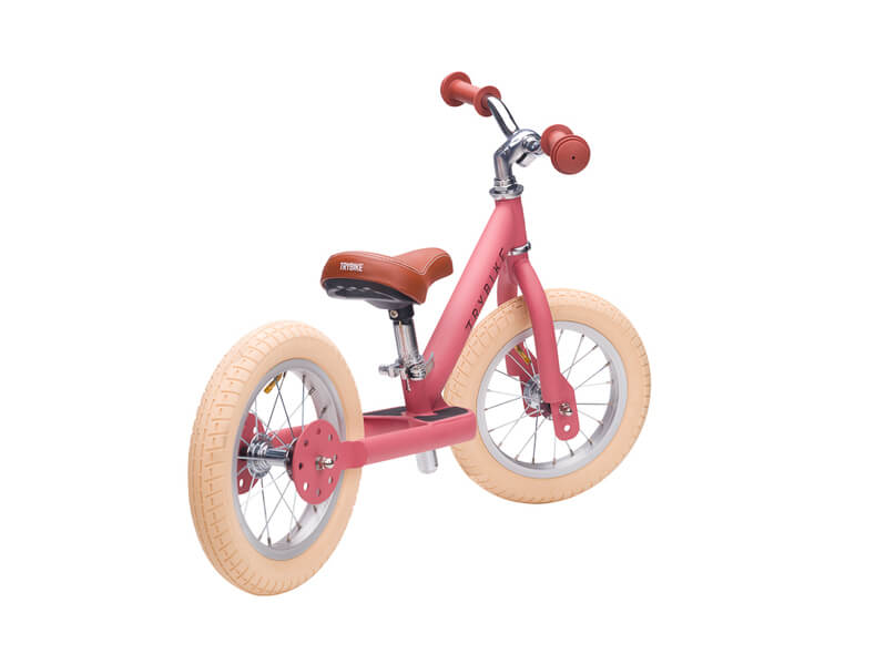 Steel Pink Vintage 3‑Wheel Trybike – retro-style toddler bike in cream & pink with low step-through frame, wide cushioned seat, high-back support, and smooth-ride wheels