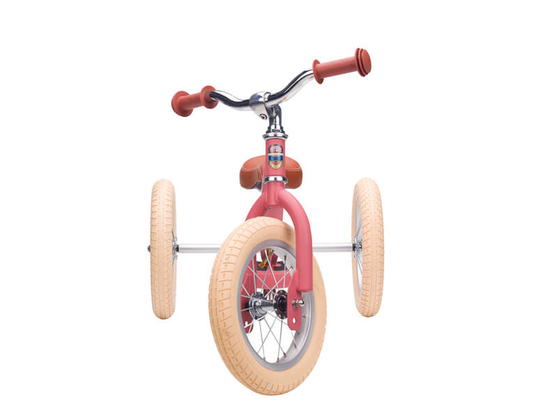 Steel Pink Vintage 3‑Wheel Trybike – retro-style toddler bike in cream & pink with low step-through frame, wide cushioned seat, high-back support, and smooth-ride wheels