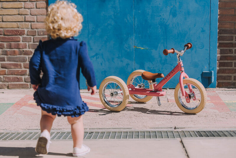 Steel Pink Vintage 3‑Wheel Trybike – retro-style toddler bike in cream & pink with low step-through frame, wide cushioned seat, high-back support, and smooth-ride wheels