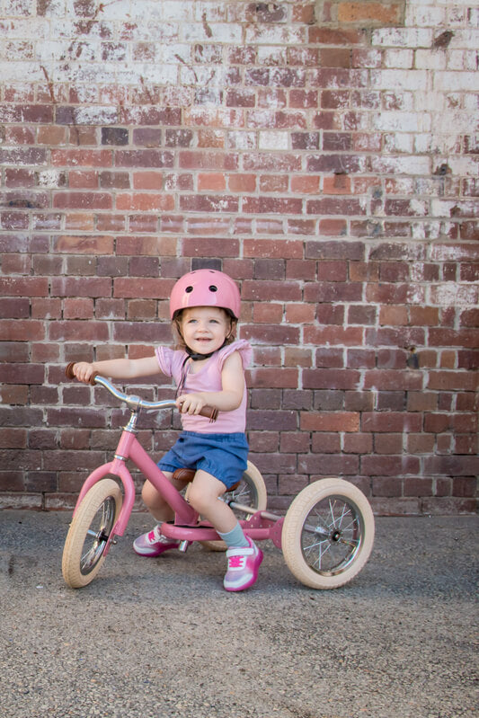 Steel Pink Vintage 3‑Wheel Trybike – retro-style toddler bike in cream & pink with low step-through frame, wide cushioned seat, high-back support, and smooth-ride wheels