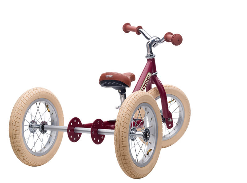 Steel Red Vintage 3‑Wheel Trybike – sturdy retro-style toddler bike with low step-through frame, wide seat, high-back support, and noise‑reduction wheels