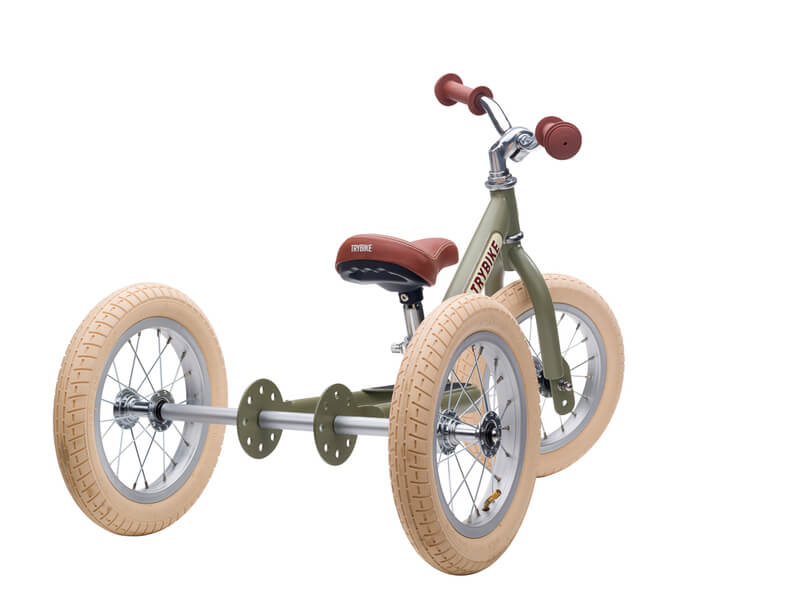 Steel Green Vintage 3‑Wheel Trybike – sturdy retro-style toddler bike with low step-through frame, wide seat, high-back support, and noise‑reduction wheels