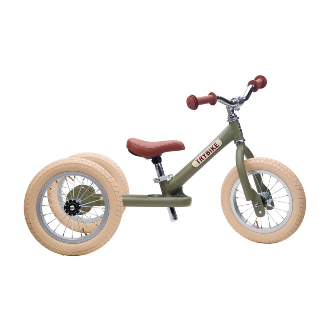 Steel Green Vintage 3‑Wheel Trybike – sturdy retro-style toddler bike with low step-through frame, wide seat, high-back support, and noise‑reduction wheels