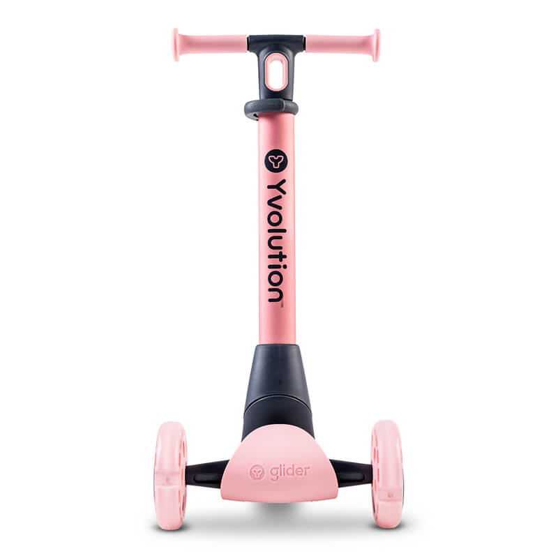 YGlider Nua pink 2‑in‑1 foldable lean‑to‑steer scooter – lightweight kids’ scooter with adjustable arc‑folding handlebar, LED front wheels, wide rear wheel and wall‑mount accessory