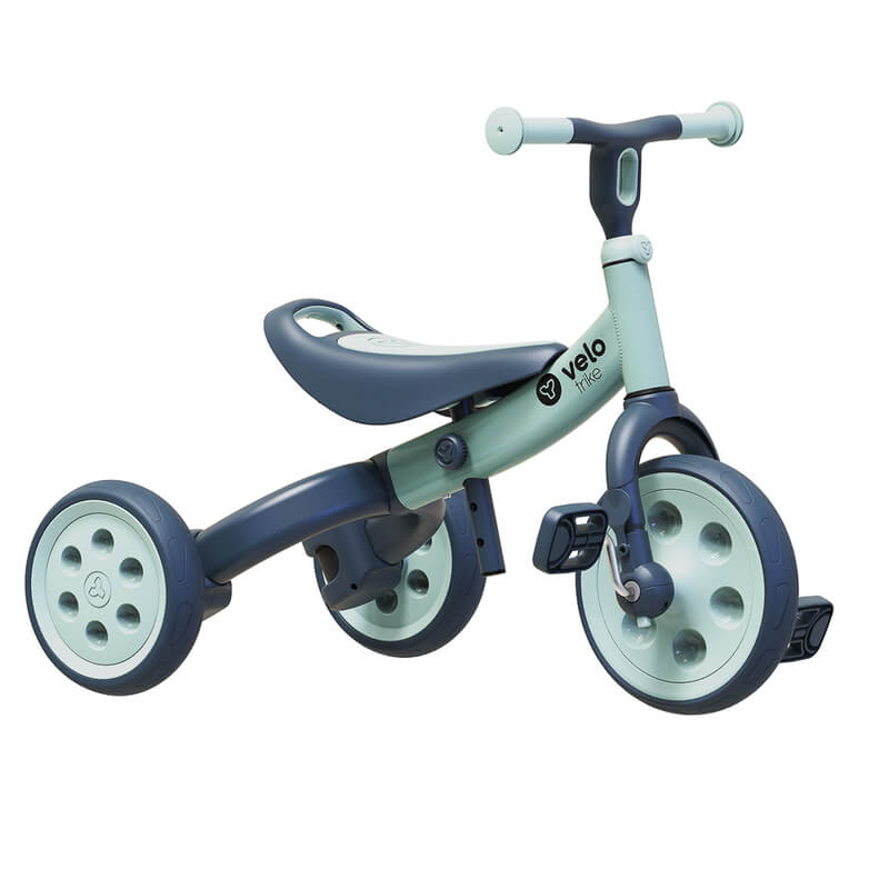 Yvolution Velo Trike 2‑in‑1 green – adjustable-seat toddler trike with flip‑to‑balance rear wheels, quiet puncture‑proof tires, soft-touch frame and pedal storage