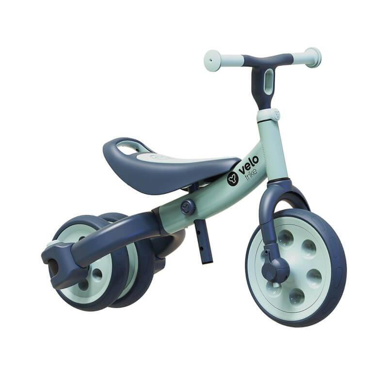 Yvolution Velo Trike 2‑in‑1 green – adjustable-seat toddler trike with flip‑to‑balance rear wheels, quiet puncture‑proof tires, soft-touch frame and pedal storage