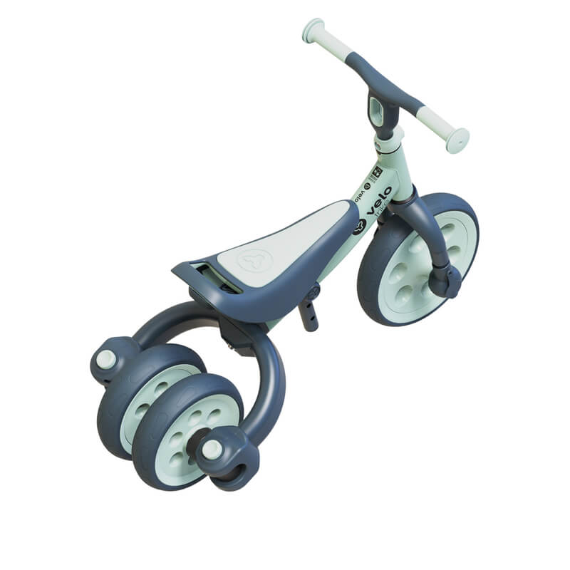 Yvolution Velo Trike 2‑in‑1 green – adjustable-seat toddler trike with flip‑to‑balance rear wheels, quiet puncture‑proof tires, soft-touch frame and pedal storage