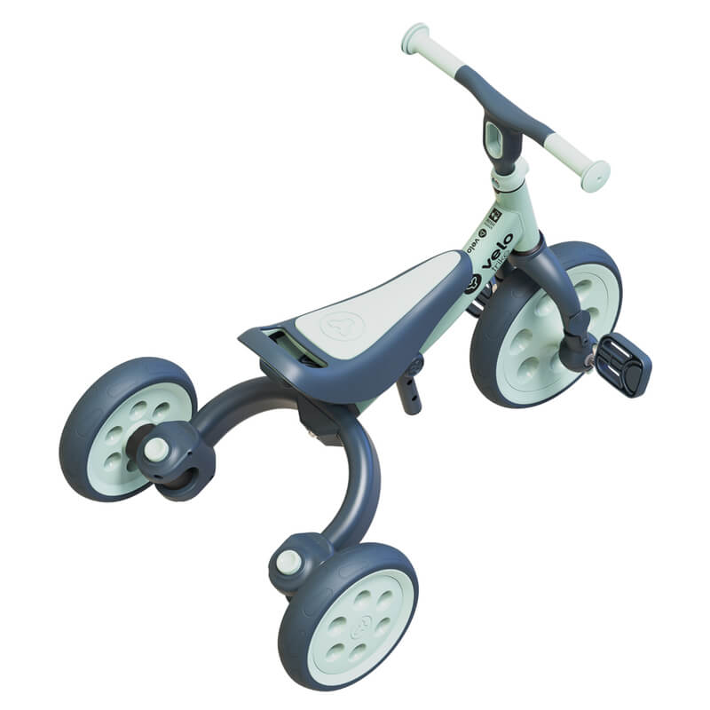 Yvolution Velo Trike 2‑in‑1 green – adjustable-seat toddler trike with flip‑to‑balance rear wheels, quiet puncture‑proof tires, soft-touch frame and pedal storage