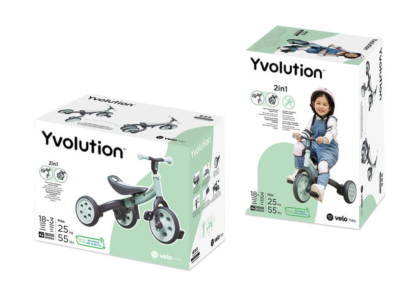 Yvolution Velo Trike 2‑in‑1 green – adjustable-seat toddler trike with flip‑to‑balance rear wheels, quiet puncture‑proof tires, soft-touch frame and pedal storage