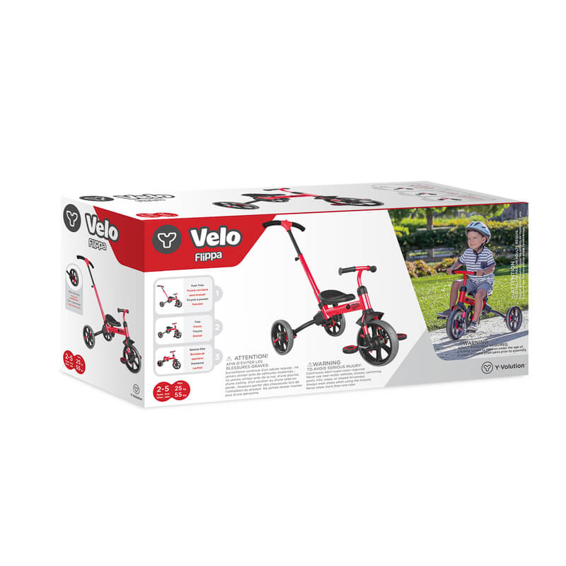 Velo Flippa red trike – 4-in-1 convertible toddler ride-on with removable push handle, wide seat, sturdy frame and non-slip footrests